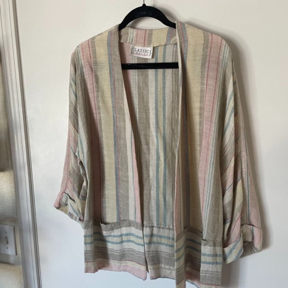 vintage flowy open jacket / boho minimalist pastel stripes beach cool grandma 🌼